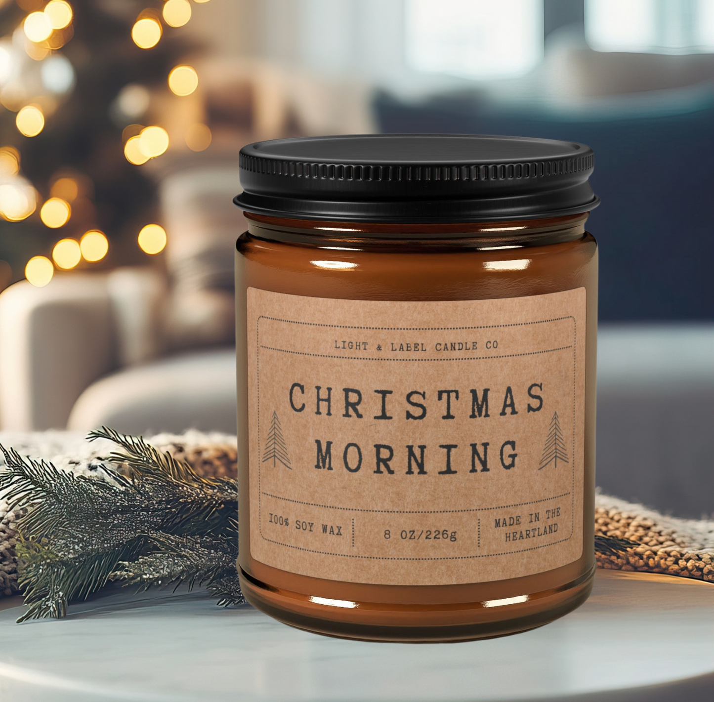 Christmas Morning Scented Candle | Holiday Candle Non Toxic Soy Wax Candle in Amber Jar | Christmas Candle Housewarming Gift