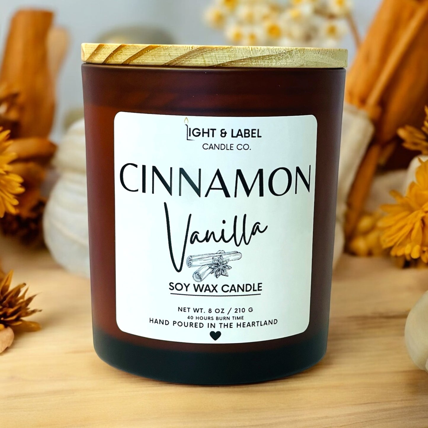 Cinnamon Vanilla Fall Soy Wax Candle| Fall Scented Candle in Amber Jar| Fall Natural Non Toxic Hand-Poured Soy Wax Candle | Signature