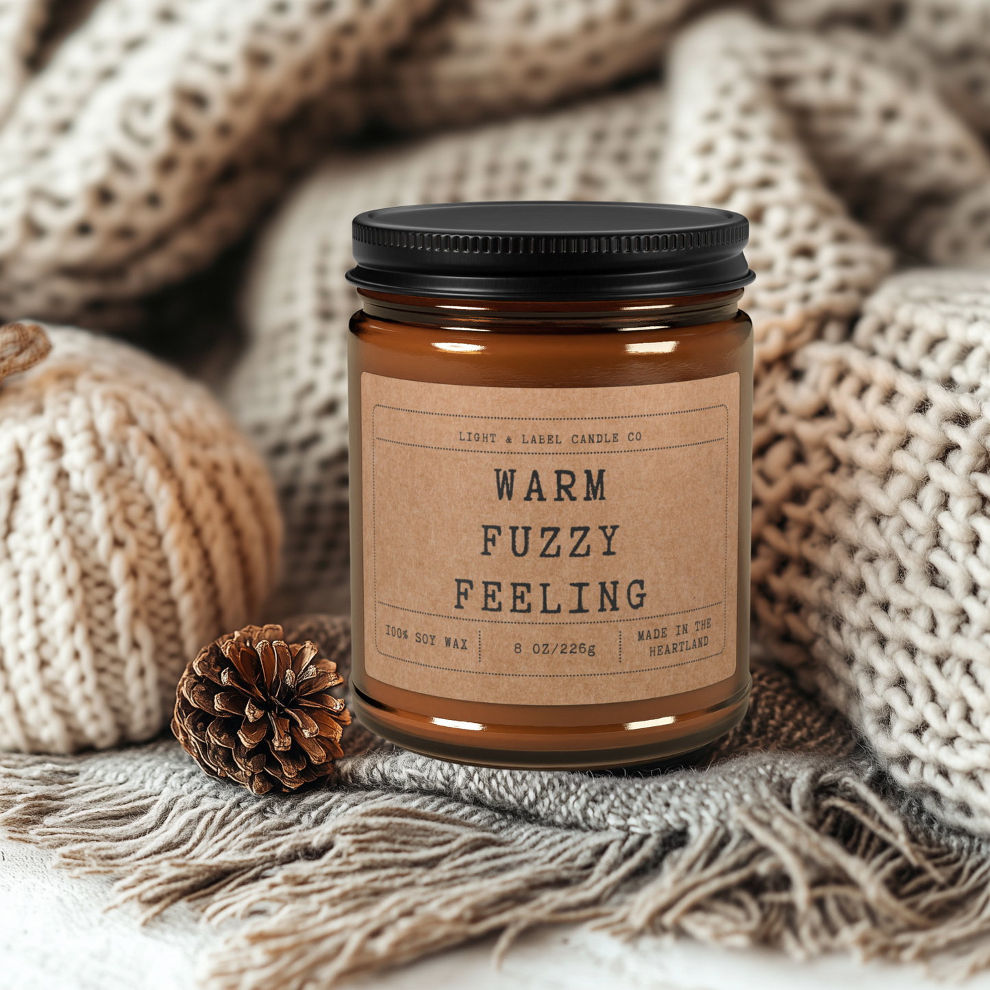 Warm Fuzzy Feeling Candle | Holiday Candle Non Toxic Soy Wax Candles in Amber Jars, Christmas Candle Housewarming Gift